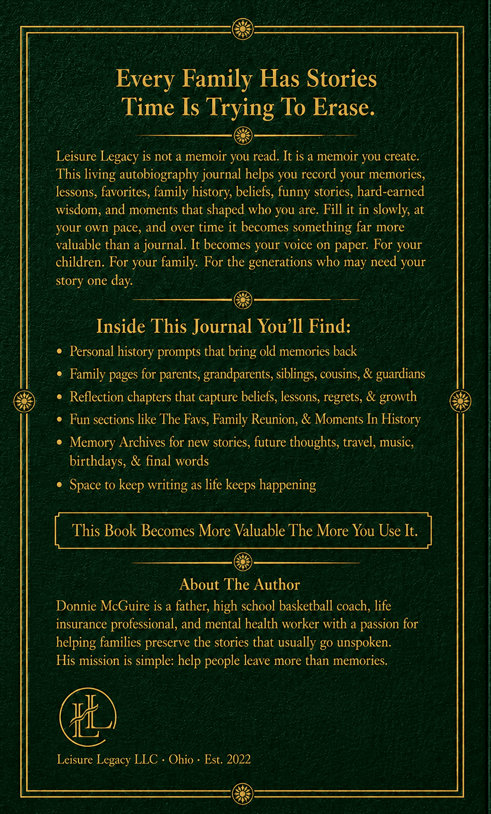 The back cover of the Leisure Legacy journal, shown as a readable product detail.
